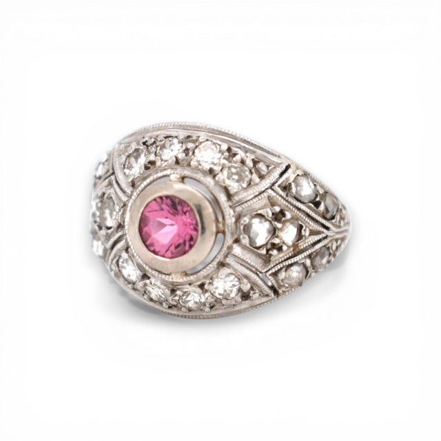 Early 20th Century Antique Art Deco Platinum Ring - Pink Tourmaline & Diamonds - Circa 1920, Size 5 For Sale - Image 5 of 6
