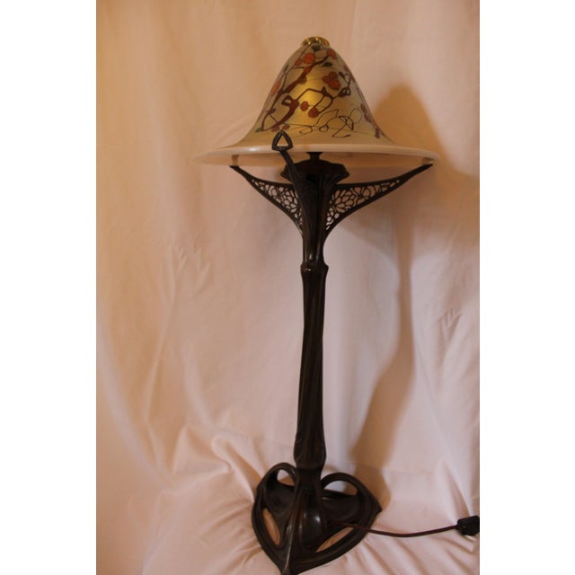 1980s Art Nouveau Lamp Art Glass Shade Bronze Casting after Louis Majorelle For Sale - Image 17 of 18