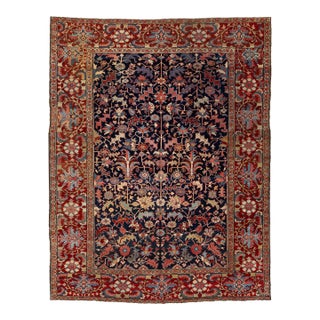 19th Century Antique Heriz Style Wool Rug With Deep Indigo All-Over Floral For Sale