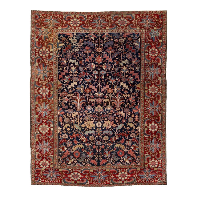 19th Century Antique Heriz Style Wool Rug With Deep Indigo All-Over Floral For Sale