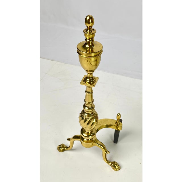 Pair of Vintage Brass Urn & Spiral Federal Style Flame Top Andirons – Claw & Ball Feet For Sale - Image 6 of 13