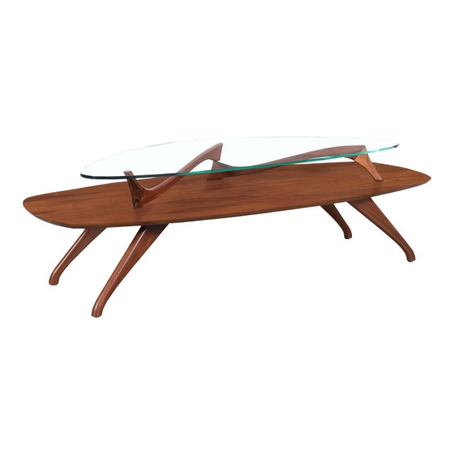 Mid-Century Modern Sculptural Walnut and Glass Coffee Table After Vladimir Kagan For Sale