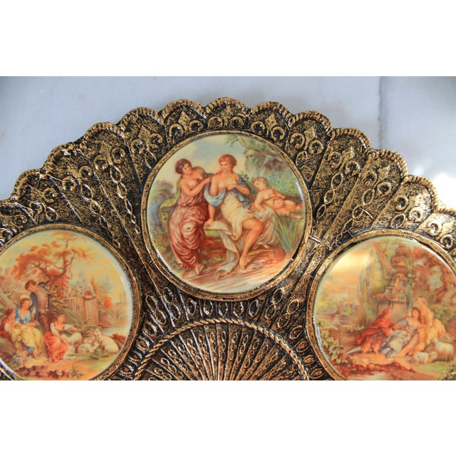 Victorian Vintage Gold Plated Wall Art Hand Fan Victorian Porcelain Cameos For Sale - Image 3 of 8