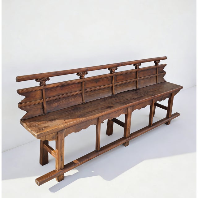 Chinese Vintage 111" Elm Wood Bench With Tiered Backrest For Sale - Image 3 of 4