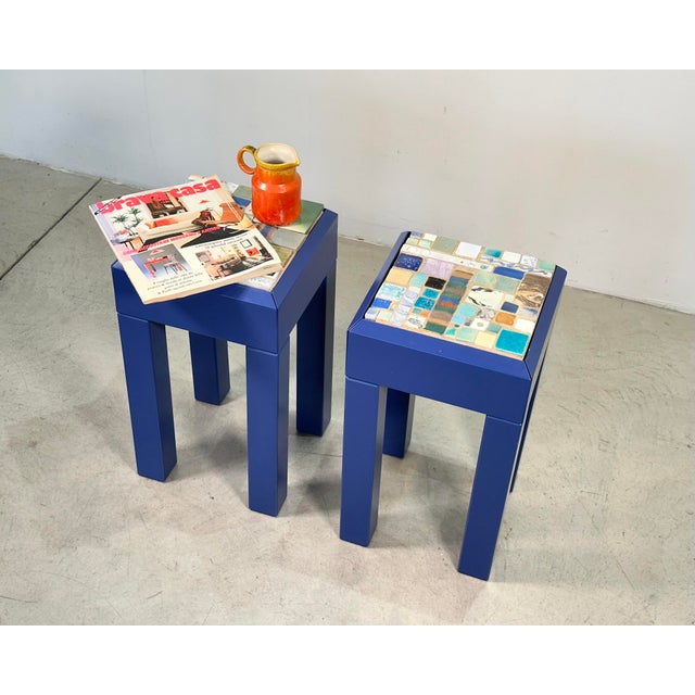 Blue Wooden and Ceramic Side Tables, 1980s, Set of 2 For Sale - Image 8 of 18