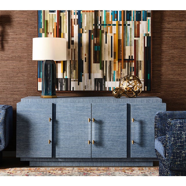 Worlds Away Matthew Izzo Home Barron Glossy Navy Glaze Ceramic Table Lamp With Brass Details and White Shade For Sale - Image 4 of 5