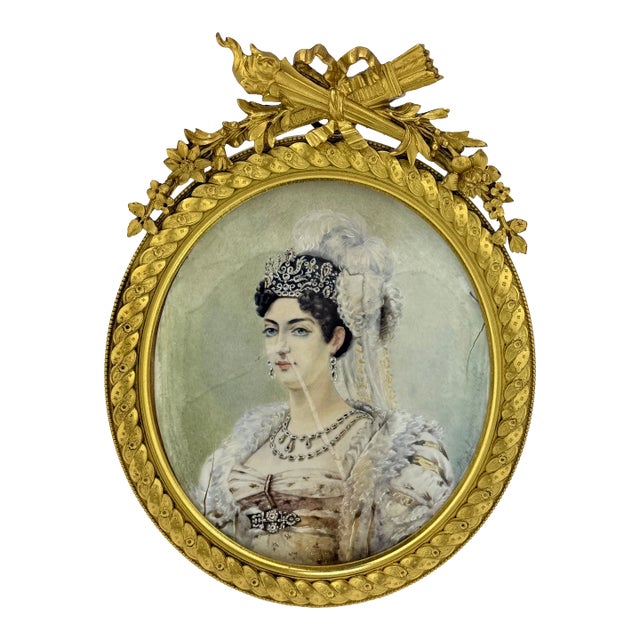 Exceptional 19th Century French Bronze Frame W/ Portrait Painting of Josephine For Sale