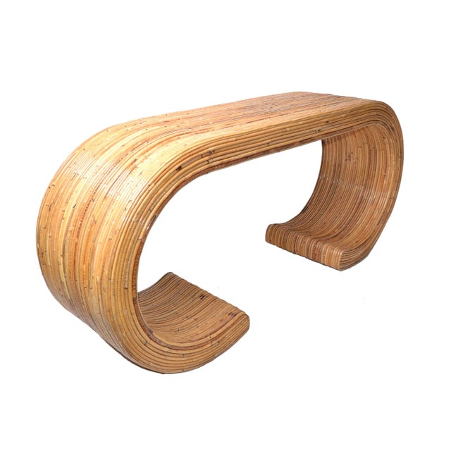 Mid-Century Modern Boho Chic scrolled caned bamboo, split reed waterfall entry hall console table. Handmade, with striking...