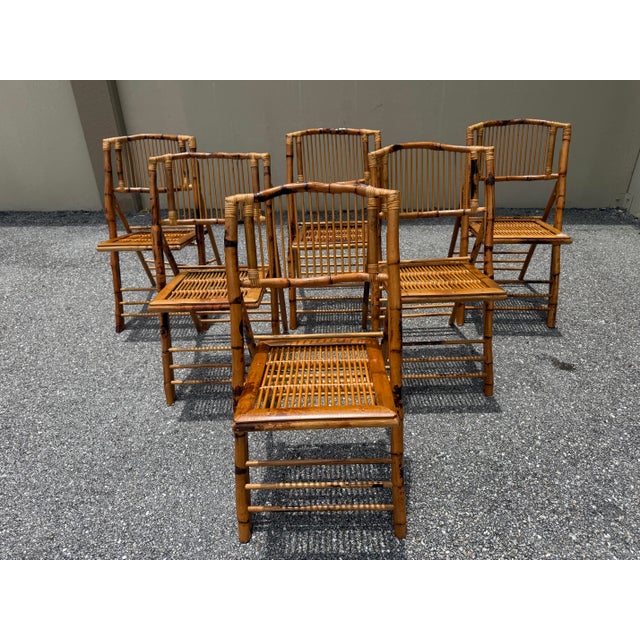 Tan 1970s Modern Set of 8 Campaign Bamboo Tortoiseshell Folding Chairs For Sale - Image 8 of 12