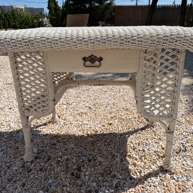 Shabby Chic White Wicker Table Desk With Drawer Shabby Chic For Sale - Image 3 of 11