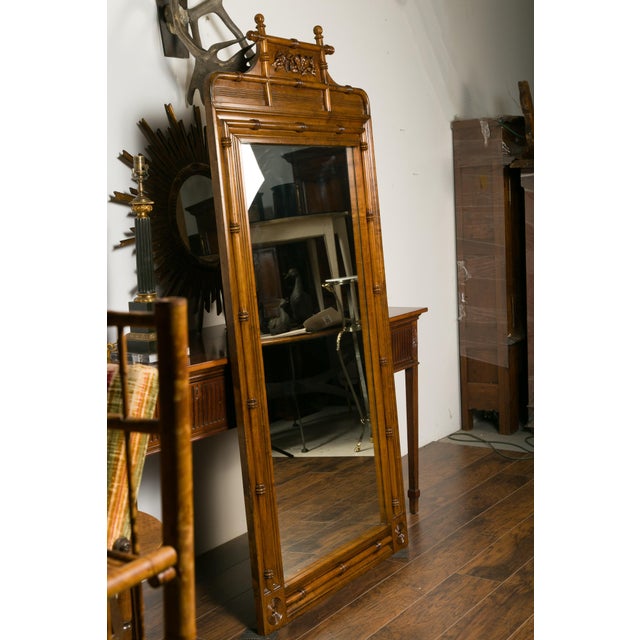 English Large English Faux-Bamboo Walnut Mirror Made of 1900s Doors with Carved Ivy For Sale - Image 3 of 12