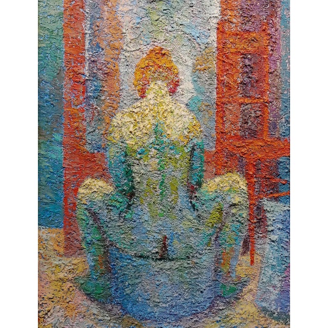 Manuel De Arce 1970s Pointillism Oil Painting, Nude Female in Lavatory For Sale - Image 4 of 11