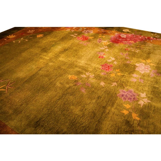 1920s Green Floral Minimalist Knotted Wool Antique Chinese Art Deco Carpet Rug For Sale - Image 11 of 11