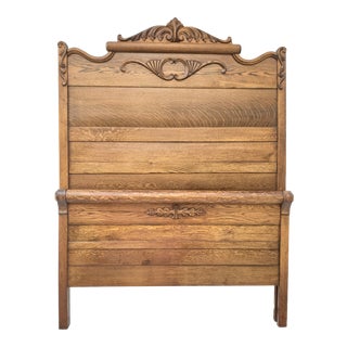 Antique Victorian American Tall Tiger Oak Bed Double / Full or Queen Headboard & Footboard For Sale