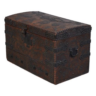 Charles II Wrought-Iron Mounted Brass-Studded Leather Coffer Trunk With Drawers For Sale