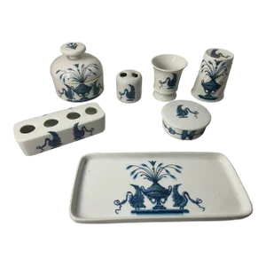 1970s France Paris Lamballe Swan Urn Porcelain Bathroom Set Tray Lipstick Trinket Box Glass - 7 Piece Set