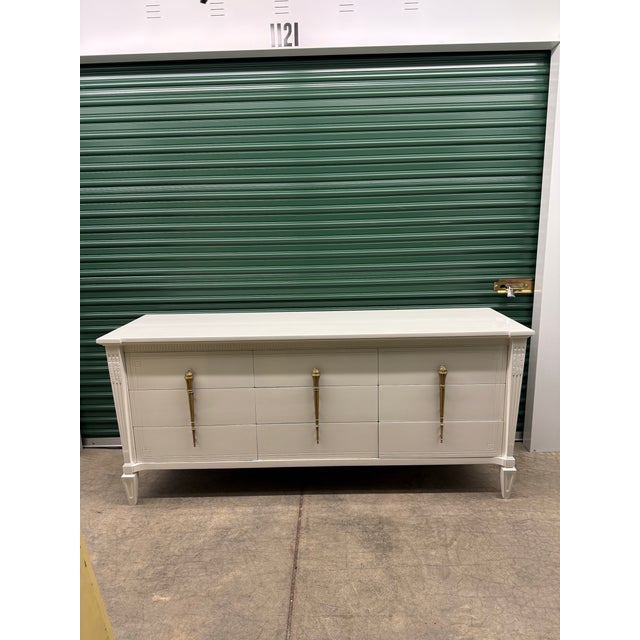 1970s Vintage Romweber Neoclassical Dresser in White Lacquer With Monumental Brass Torch Pulls For Sale - Image 5 of 6