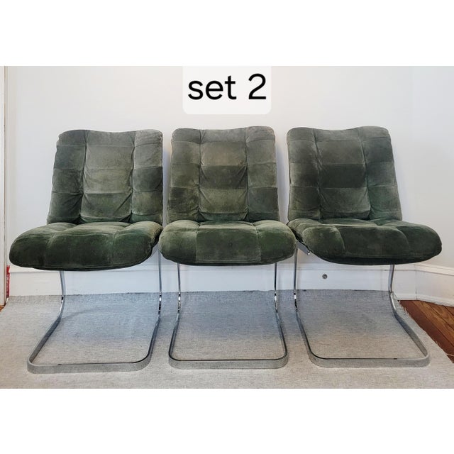 Metal 1970s Suede and Chrome Cantilever Dining Chairs in Moss Green Attributed to Roche Bobois-Set of 6 For Sale - Image 7 of 17
