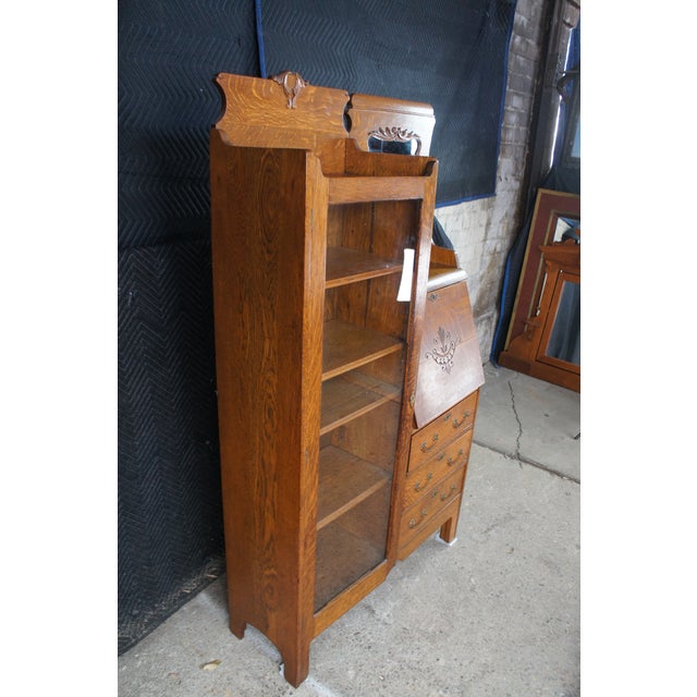 Antique Quartersawn Oak Side by Side Secretary Desk Bookcase Curio Cabinet For Sale - Image 9 of 12