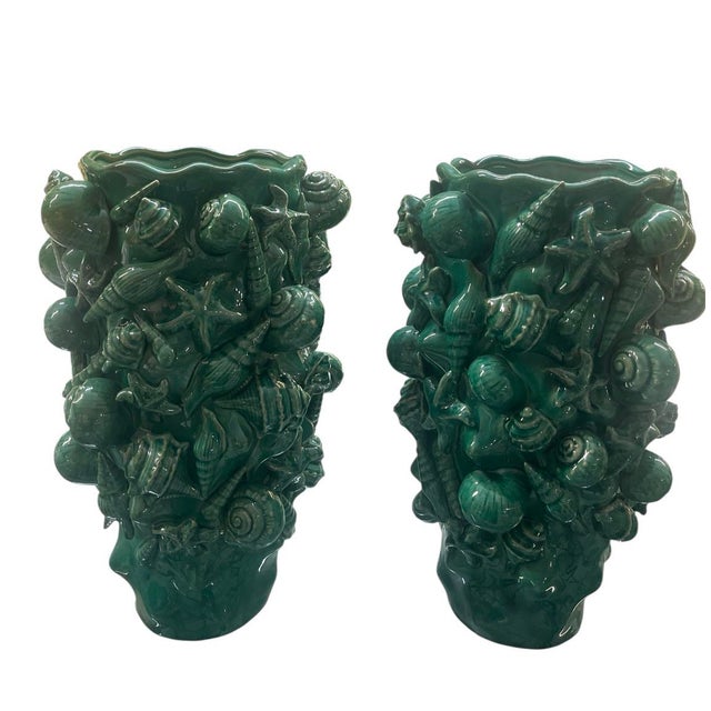 Pair of Mid-Century Italian Green Glazed Majolica Seashell Vases For Sale - Image 4 of 10