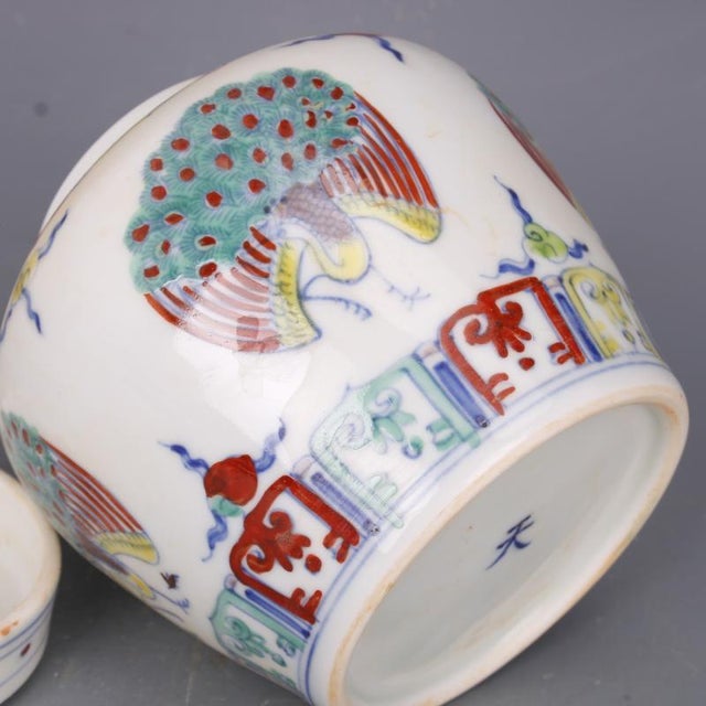 Early 20th Century Chinese Ceramic Tea Jar China Blue and White Doucai Porcelain Chenghua Tian Marked Jar Hand Painted Peacock Pattern For Sale - Image 4 of 7