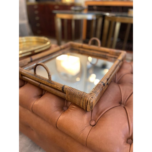 Large rectangular tray made of bamboo, rattan, and mirror; Made in Italy, 1950s. A distinctive rectangular serving tray...