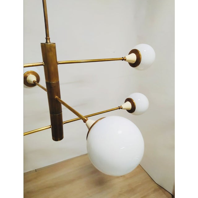 Mid-Century Modern Mid-Century Brass Chandelier with 6 Opaline Spheres, Italy, 1960s For Sale - Image 3 of 14