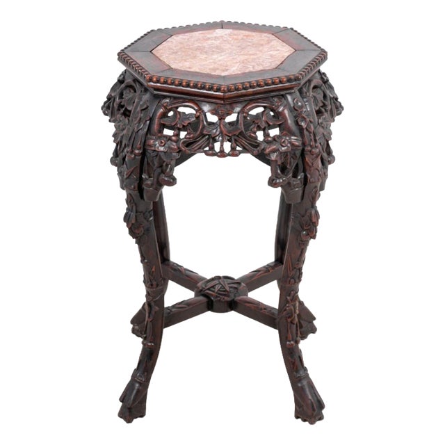 Chinese Hardwood and Marble Pedestal Table For Sale