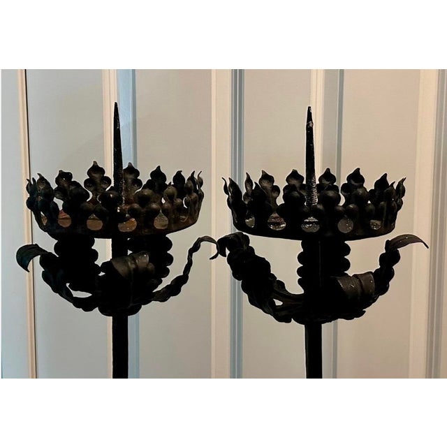 Mid 20th Century Spanish Forged Iron Floor Candlesticks, Torchieres 5 Ft Tall - Pair For Sale - Image 12 of 16