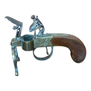 Antique George III Brass, Iron and Mahogany Flintlock Tinder Pistol
