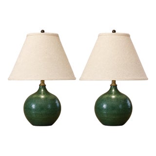 Vintage Green Glazed Ceramic Table Lamps Styled After David Cressey - Pair For Sale