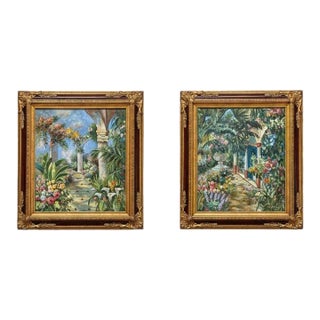 Vintage K Hillman Oil Paintings Pair-Tropical Garden-Floral-Framed Wall Art For Sale
