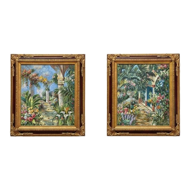 Vintage K Hillman Oil Paintings Pair-Tropical Garden-Floral-Framed Wall Art For Sale