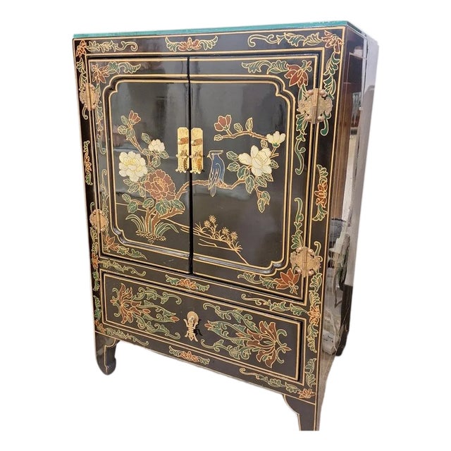 Vintage Chinoiserie Black Lacquer Floral and Bird Cabinet For Sale
