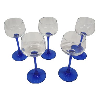 Vintage Blue Wine Glasses attributed to Luminarc, France, 1960s, Set of 5 For Sale