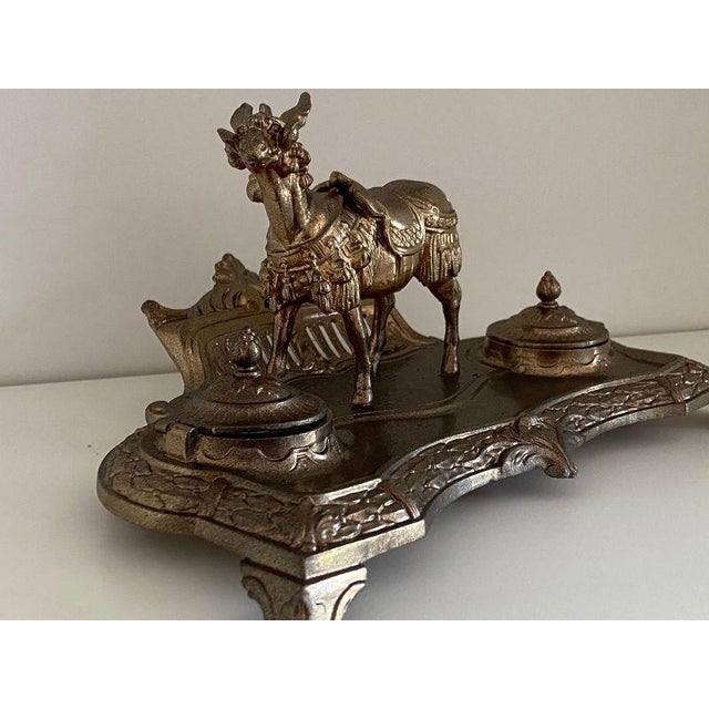 Atypical Writing Desk Set with Double Inkwells in Patinated Gilt Metal, 1890s-1910s For Sale - Image 12 of 16