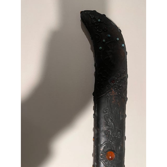Vintage Sino Tibetan Short Sword Dagger Hand Forged Steel Repousse Scabbard 25" For Sale - Image 6 of 15
