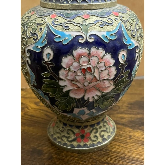 Chinese Vintage Chinese Cloisonné Enamel Vase With Pink Peony & Floral Motif, Beijing, China For Sale - Image 3 of 8