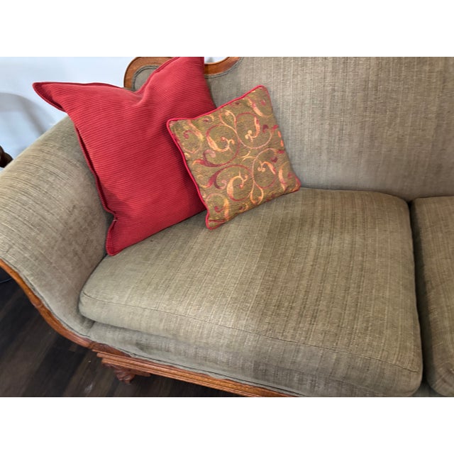 American Vintage Sofa With Beautiful Carved Wood Accents For Sale - Image 3 of 13