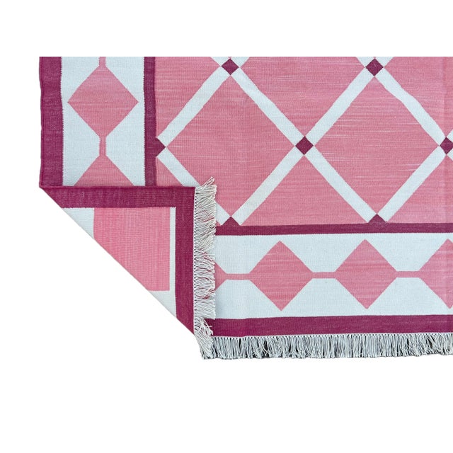 Casa Cosima Handmade Cotton Natural Vegetable Dyed Reversible Pink and White Checked Tile Rug - 8'x10' For Sale - Image 4 of 11
