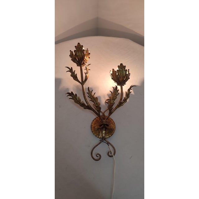 Gold Wrought Iron Gold Leaf Wall Light. France, 1970s For Sale - Image 8 of 18