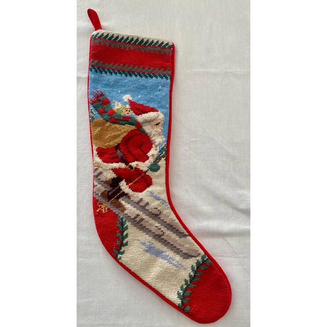 Vintage Skiing Santa Claus 100% Wool Needlepoint Christmas Stocking 1991 Peking Handicraft Excellent Condition For Sale - Image 13 of 13