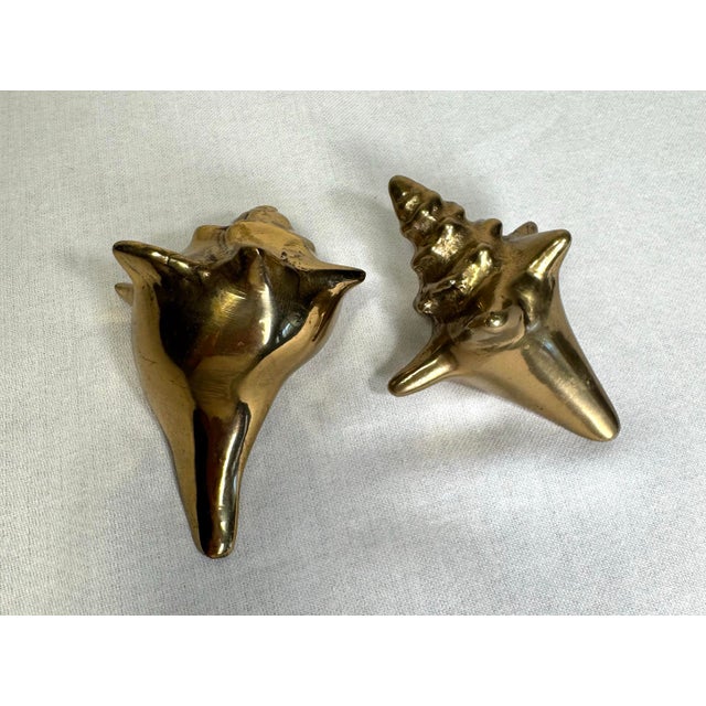 Vintage Coastal Solid Polished Brass Shell Sculpture Decorative Objects, a Pair For Sale - Image 4 of 12