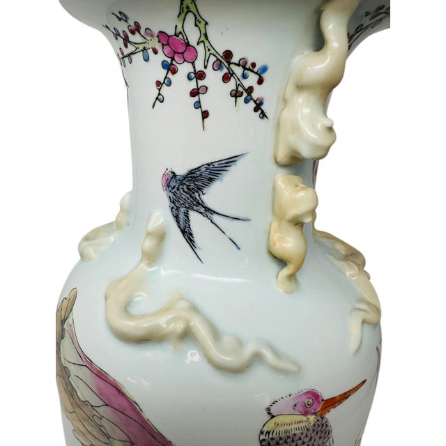 Ceramic Vintage Famille Rose Porcelain Vase With Koi Fish, Birds, and Flowers For Sale - Image 7 of 15