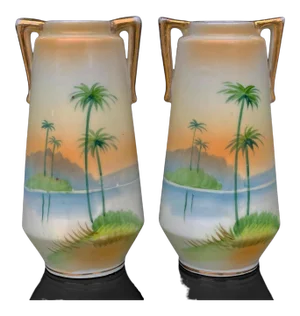 Mid-Century Atomic Japanese Porcelain Palm Tree Motif Bud Vases - a Pair