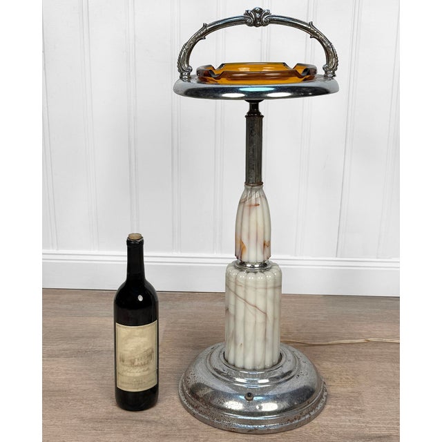 - Original 1940's Art Deco Smokers Stand - Heavily Tarnished and Oxidized Chrome - Contrasting Ribbed Stacked Slag Glass...