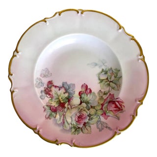 Vintage Bavaria Germany Sylvia Dinner Plate - Pink Background, White & Pink Roses, Gold Trim For Sale