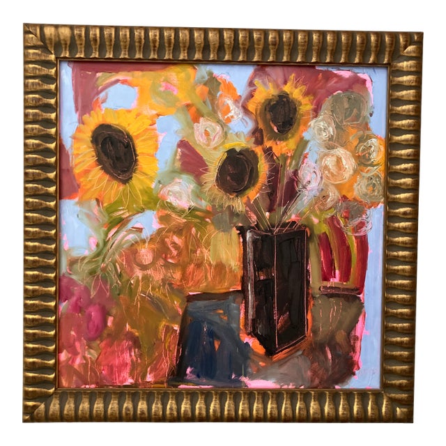 Contemporary Original Alexandra Brown Modernist Abstract Floral Still Life Painting Chunky Gold Frame For Sale
