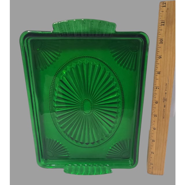 Mid 20th Century Vintage Art-Deco Emerald Green Glass Vanity or Hors D Oeuvre Tray For Sale - Image 5 of 7