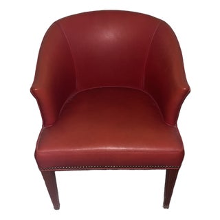 Vintage Mid-Century Modern Genuine Red Leather Barrel-Back Tub Chair With Inlay Legs For Sale